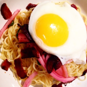 07_25_Pasta with Bacon, Jalapenos, Sweet and Spicy Pickled Onions and a Fried Egg